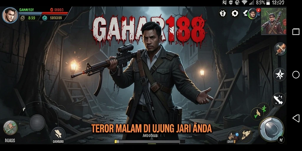 Screenshot dari game GAHAR188 menunjukkan suasana menegangkan dan karakter yang menyeramkan.