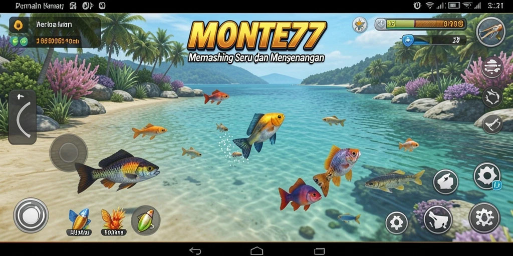 Tangkapan layar permainan <strong>MONTE77</strong> menampilkan aksi memancing yang mendebarkan.