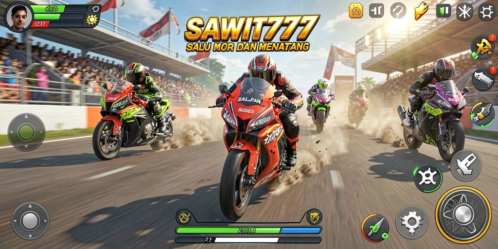Screenshot gameplay SAWIT777 yang menunjukkan aksi balapan motor yang mendebarkan.