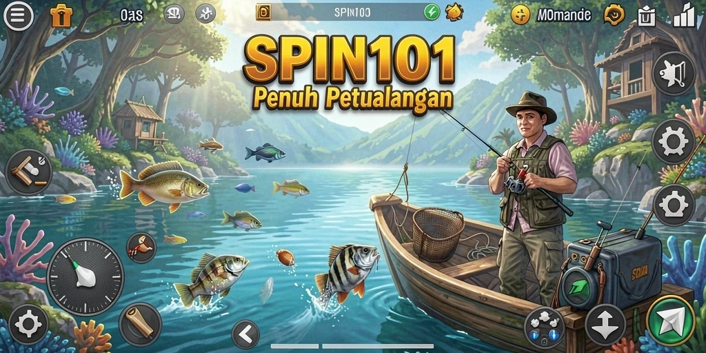 Tampilan gameplay SPIN101 saat menangkap ikan di lautan.
